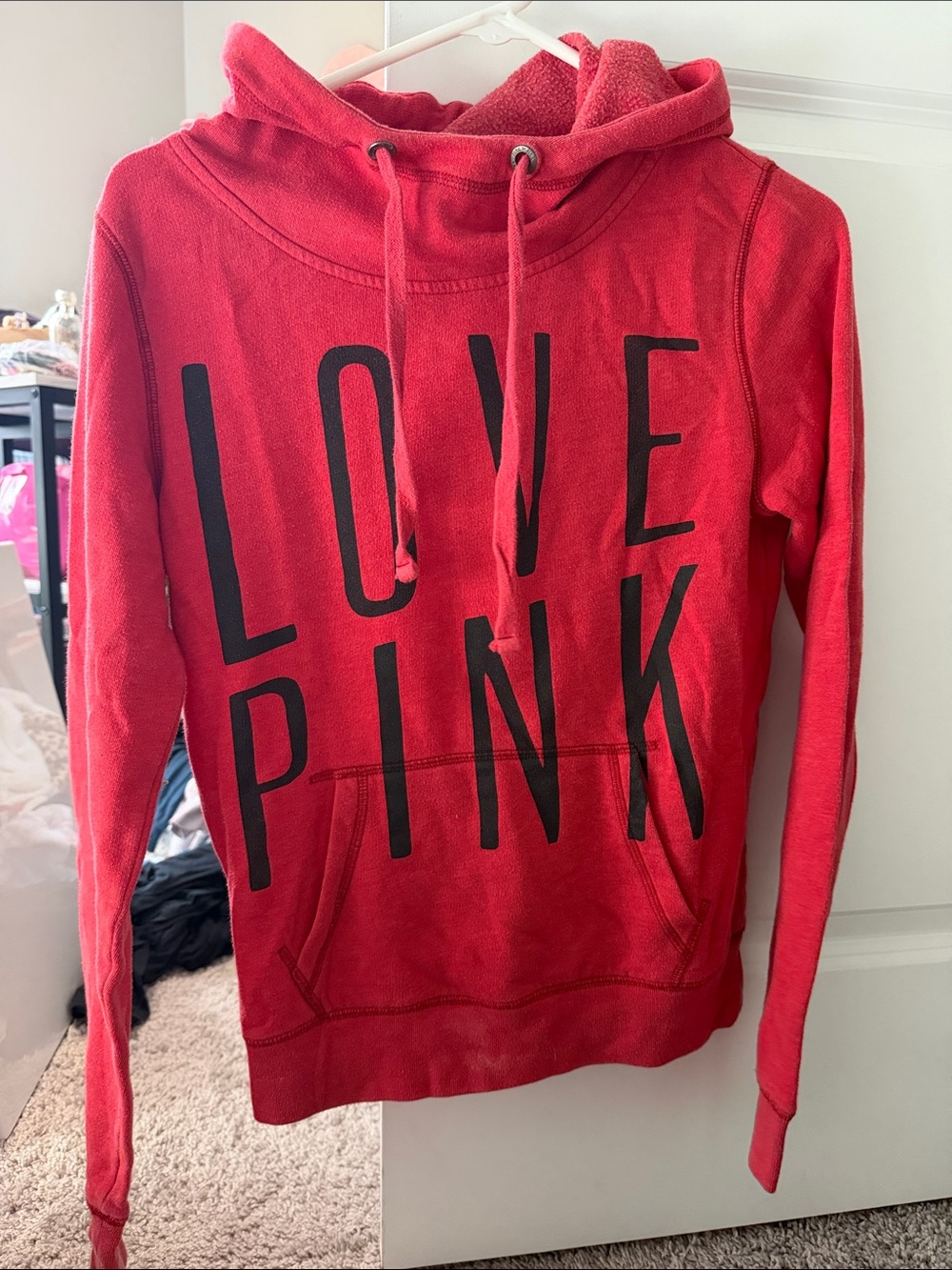 PINK Victoria's Secret Red Pullover Hoodie with Black 'LOVE PINK' Lettering